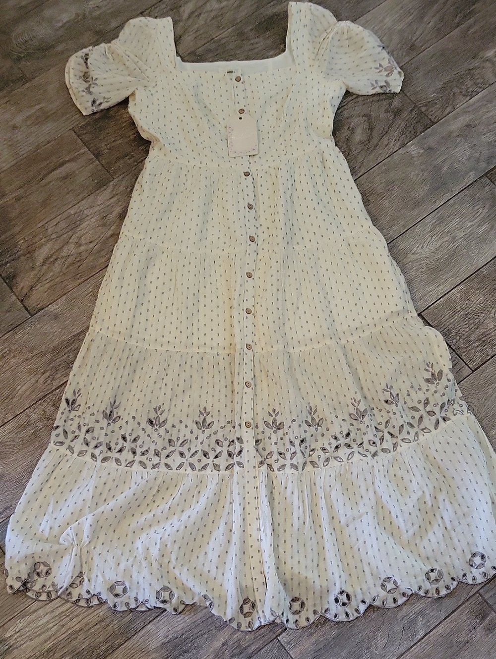 Rahi Cali Swiss Dot Boho Tiered Maxi Dress Cutout Detail Ruch Sleeve Scallop Hem